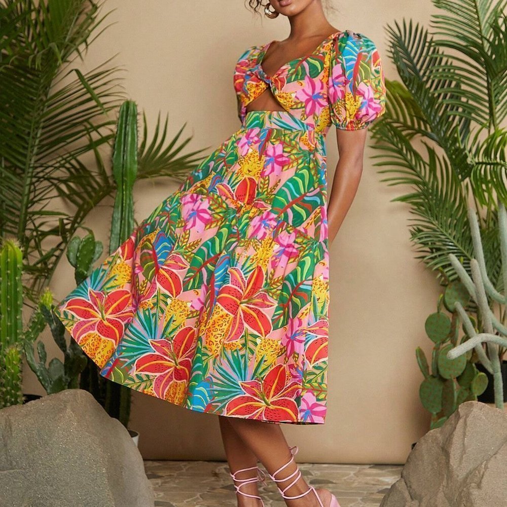 Multicolor Boho Womens Tropical Print Puff Sleeve Dress - Picture 5 of 5